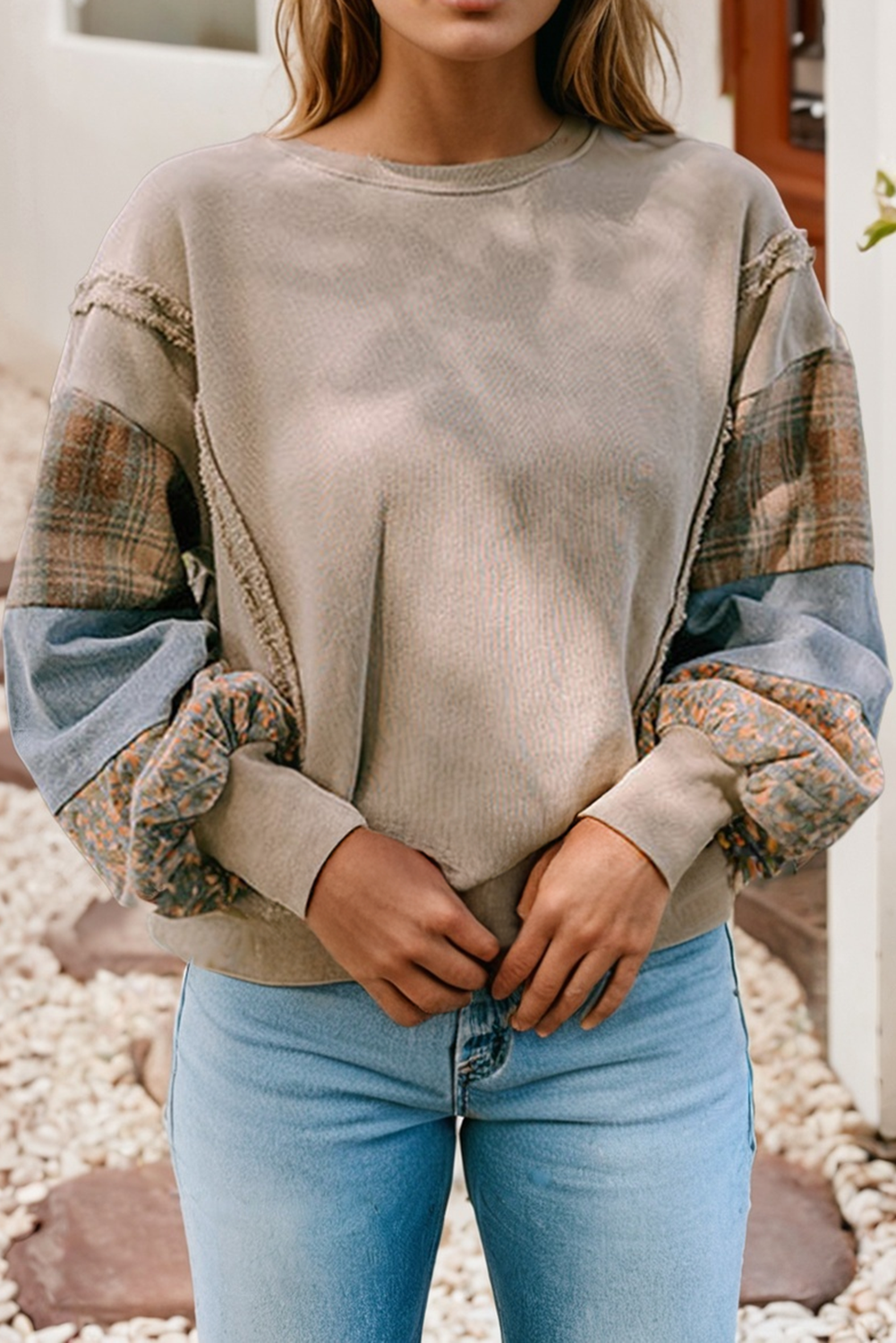 LDC Sandalwood Plaid Patchwork Sleeve Raw Seam Sweatshirt
