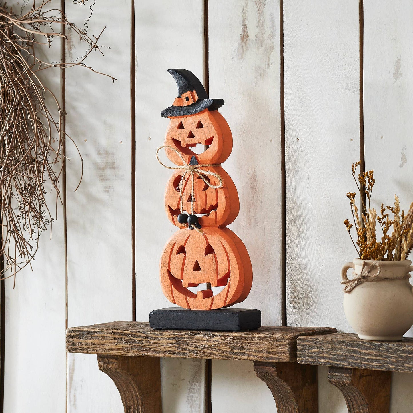 Stacked Wooden Jack O Lantern 14.25in Tall Rustic Farmhouse Halloween Fall Decor