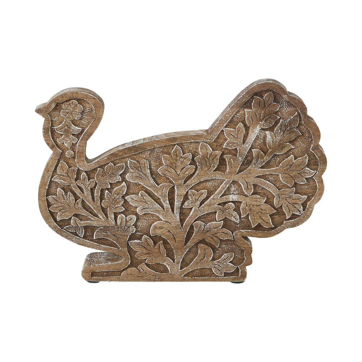 Autumn Harvest Carved Wooden Turkey Figurine, Fall Leaf Tabletop Decor, Thanksgiving Accent, 10x14x2