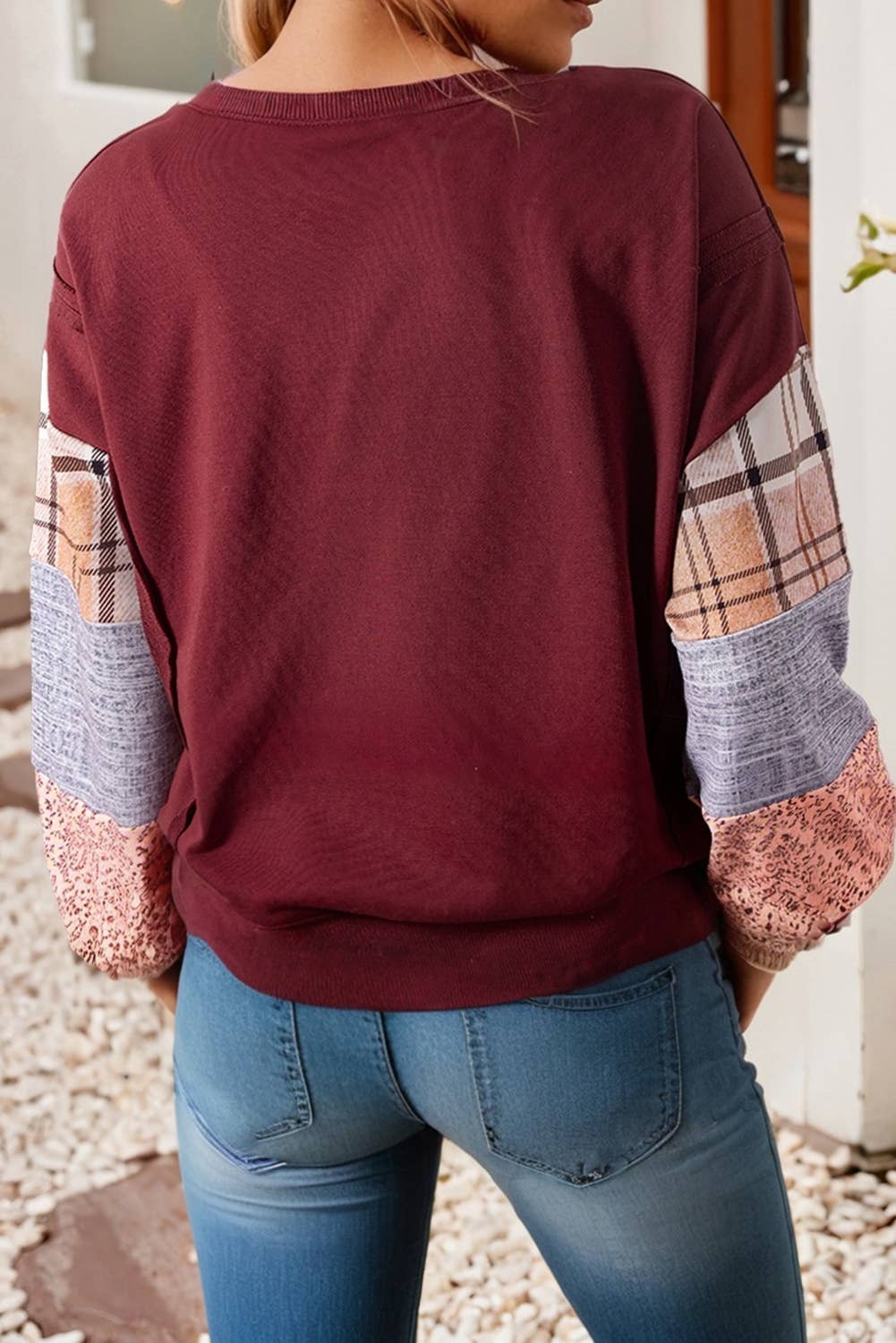 LDC Sandalwood Plaid Patchwork Sleeve Raw Seam Sweatshirt