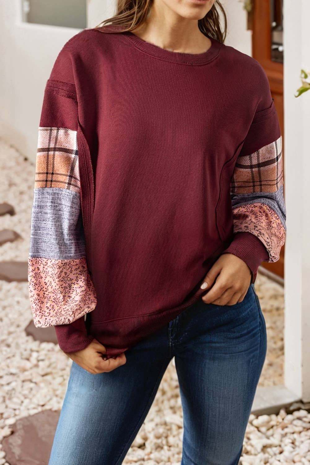 LDC Sandalwood Plaid Patchwork Sleeve Raw Seam Sweatshirt