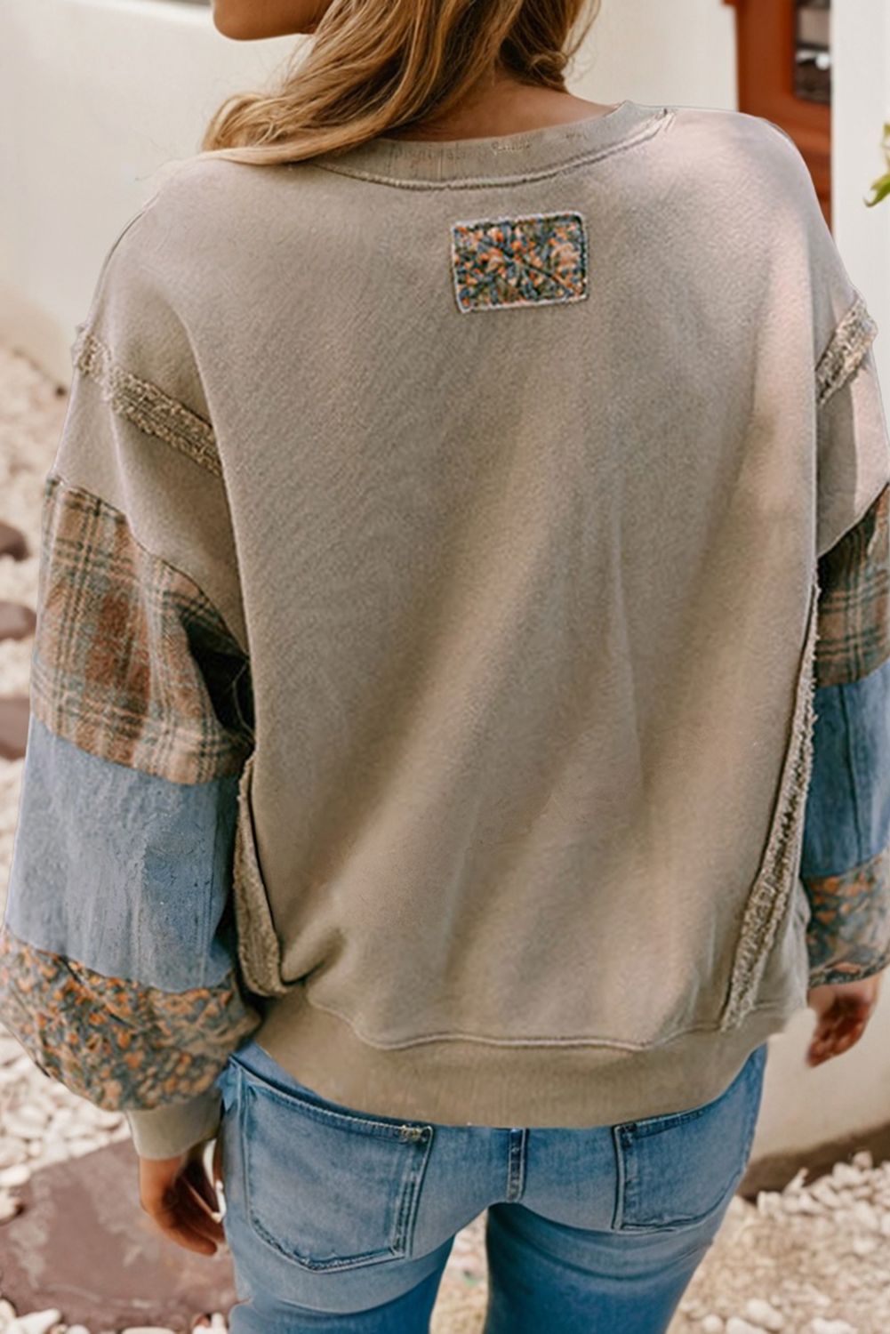 LDC Sandalwood Plaid Patchwork Sleeve Raw Seam Sweatshirt