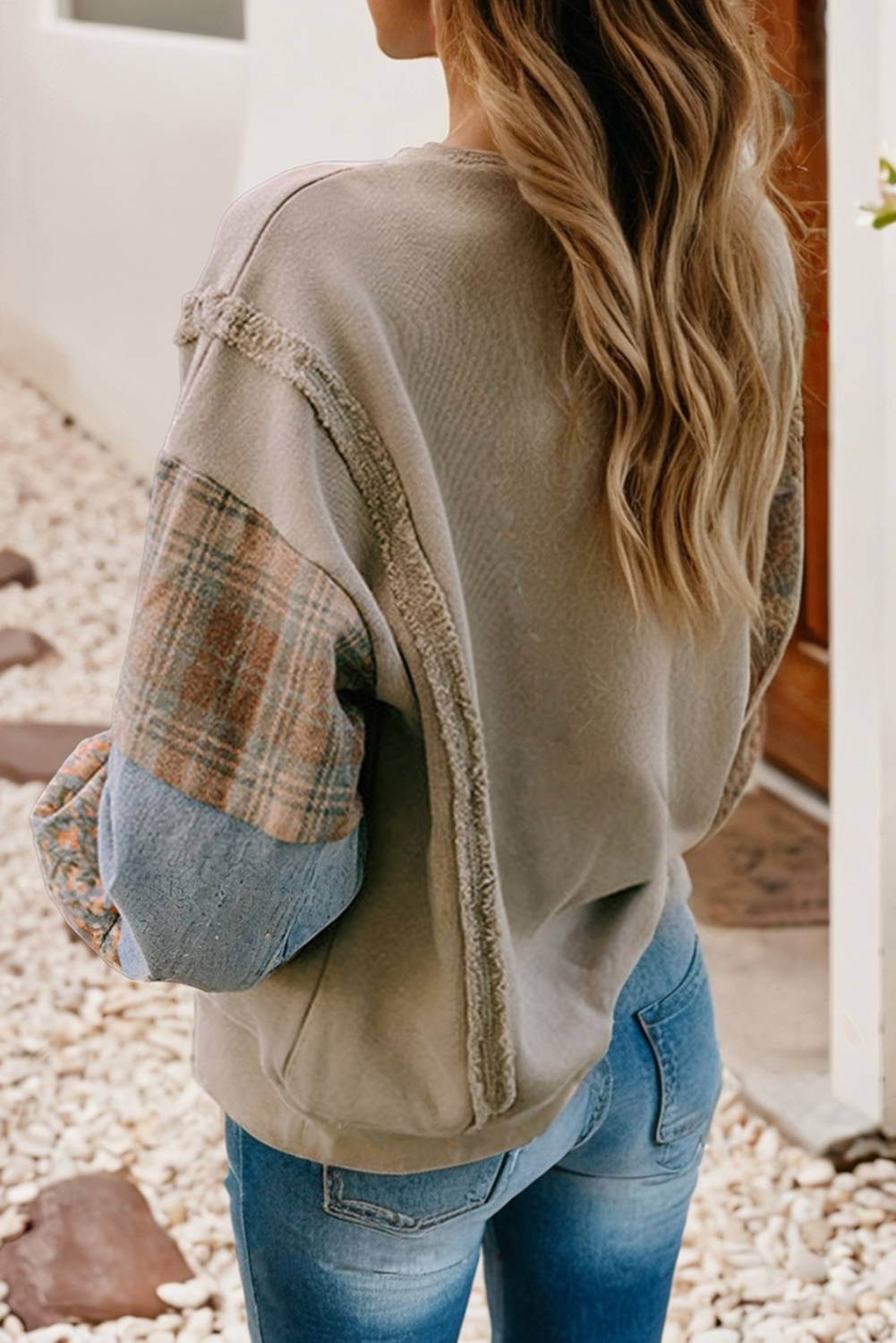LDC Sandalwood Plaid Patchwork Sleeve Raw Seam Sweatshirt