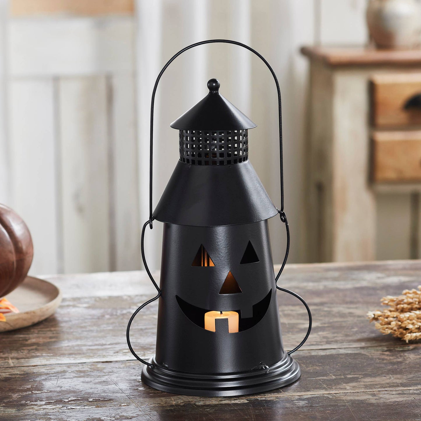 Black Halloween Spooky Decorative Metal Lantern Tealight & Votive Candle Holder Indoor Tabletop Accent Decor 12 Inch Tall