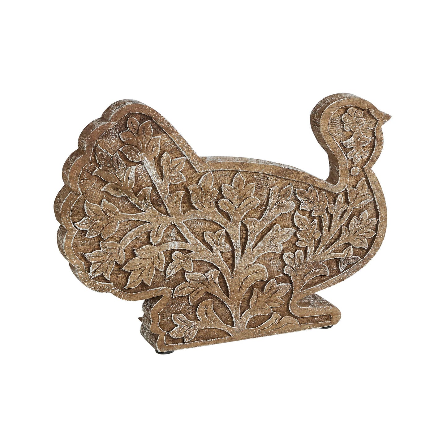 Autumn Harvest Carved Wooden Turkey Figurine, Fall Leaf Tabletop Decor, Thanksgiving Accent, 10x14x2