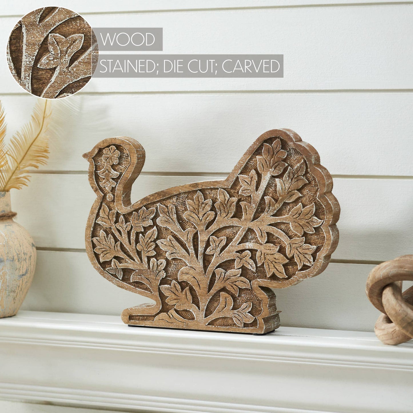 Autumn Harvest Carved Wooden Turkey Figurine, Fall Leaf Tabletop Decor, Thanksgiving Accent, 10x14x2
