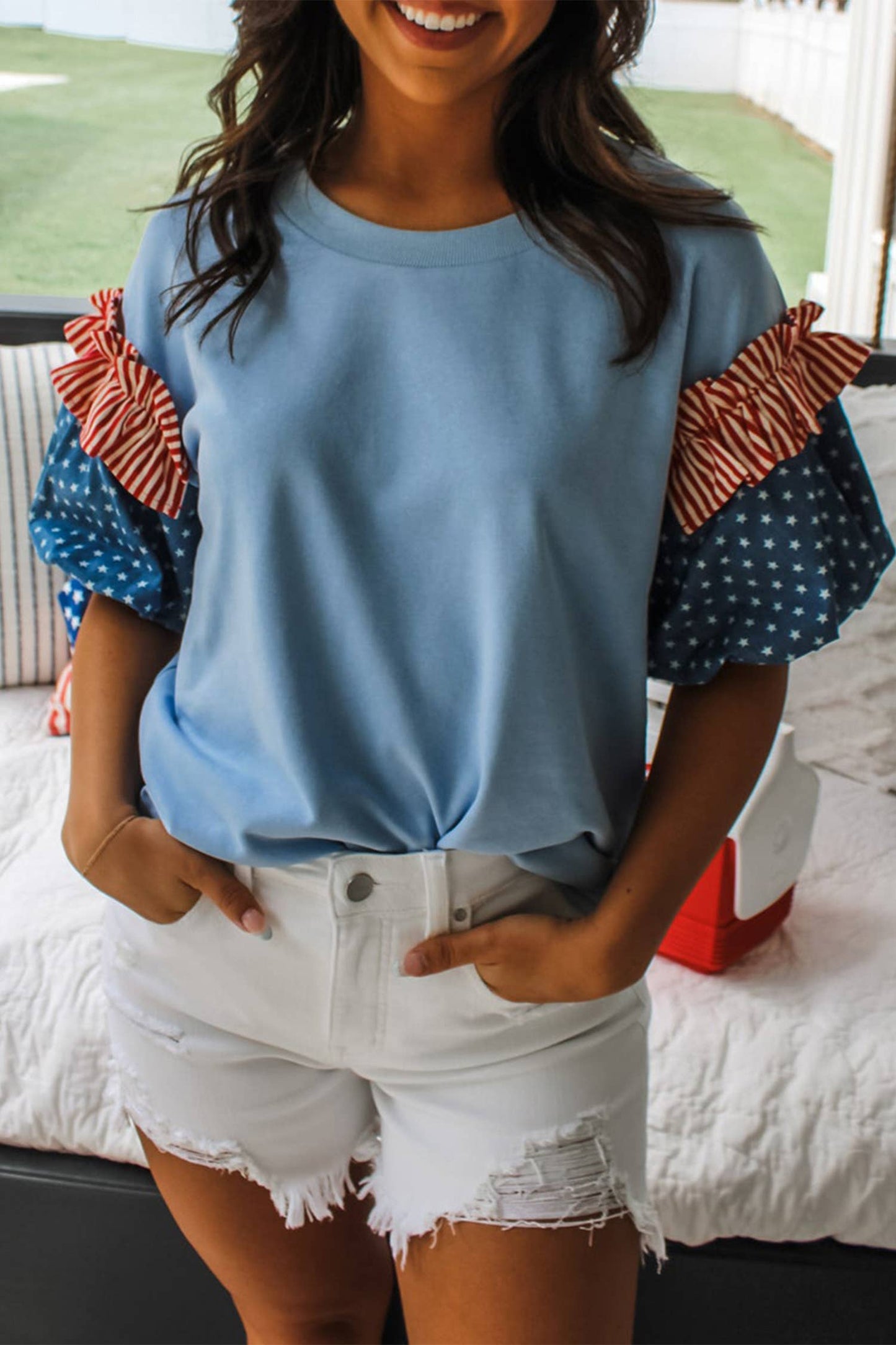 LDC Stars Stripes Round Neck Short Puff Sleeve Top| S-4X