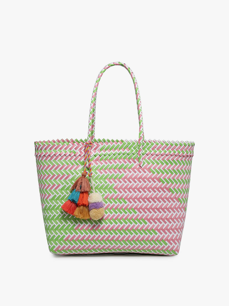 M2068AW Shelby Large Handwoven Tote w/ Pom-Poms