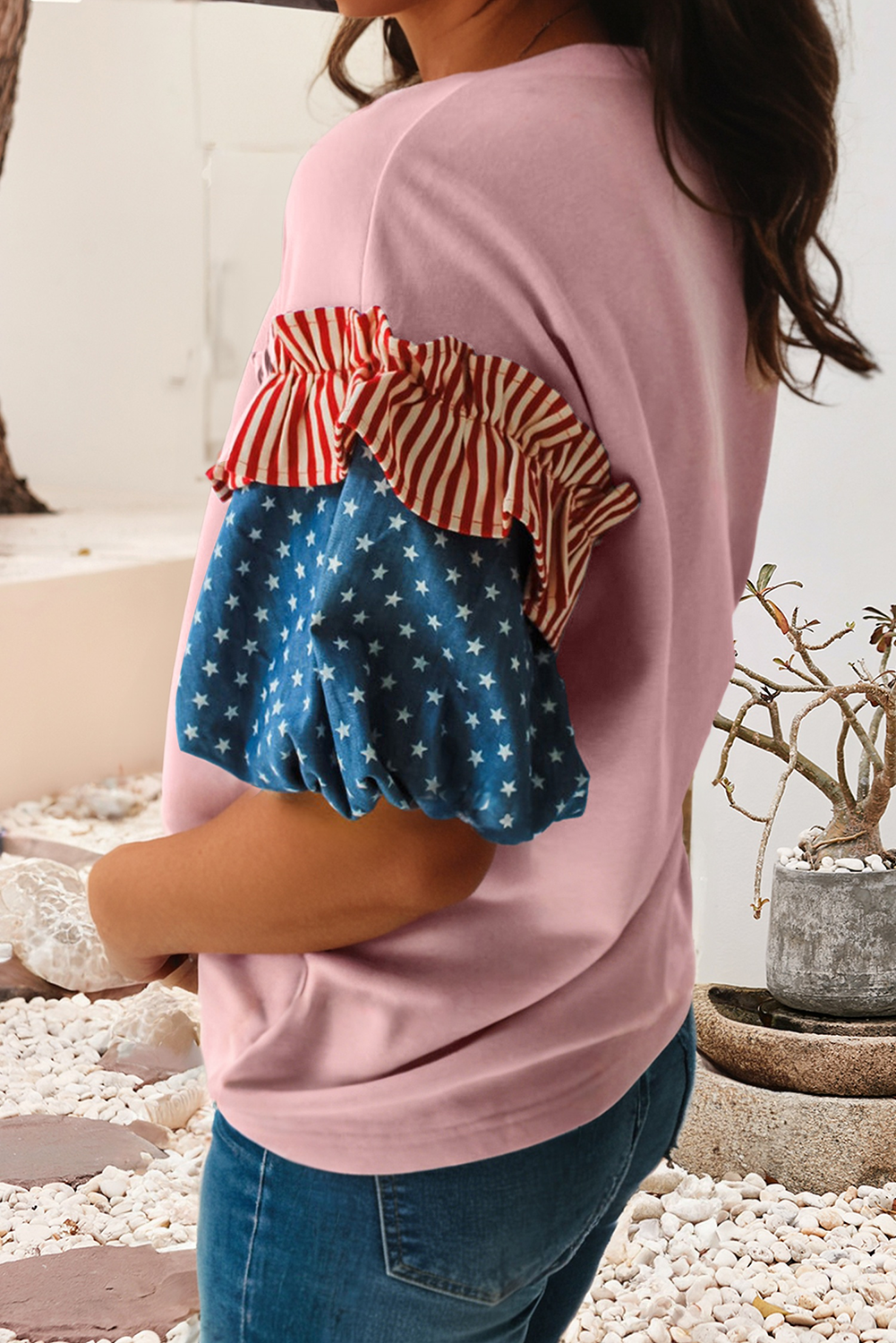 LDC Stars Stripes Round Neck Short Puff Sleeve Top| S-4X