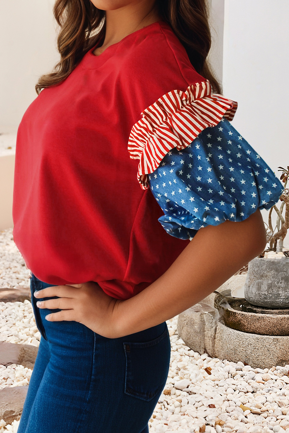 LDC Stars Stripes Round Neck Short Puff Sleeve Top| S-4X