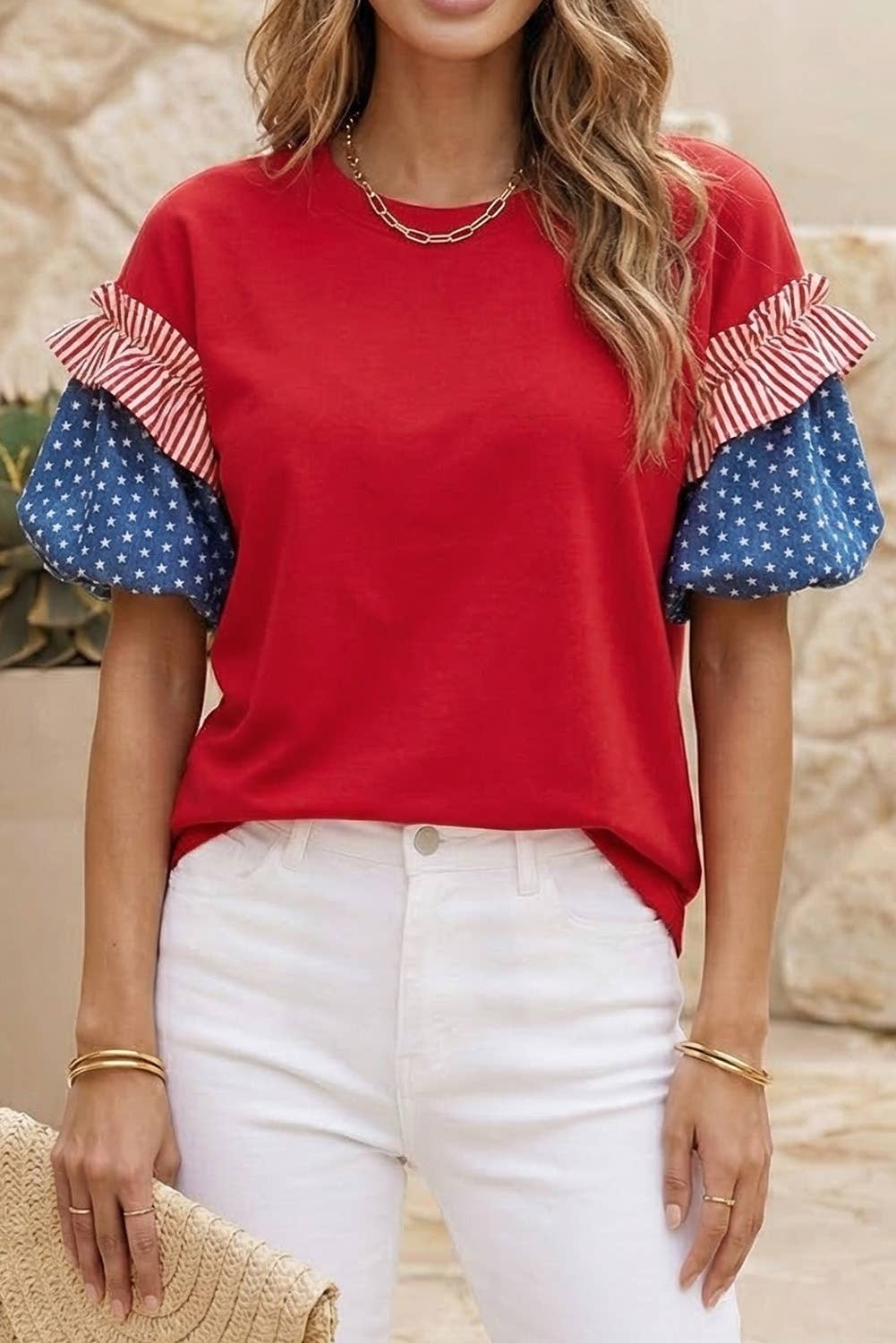 LDC Stars Stripes Round Neck Short Puff Sleeve Top| S-4X