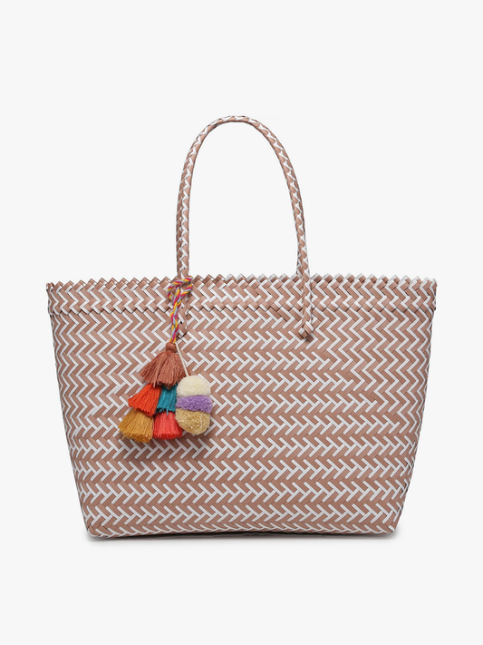 M2068AW Shelby Large Handwoven Tote w/ Pom-Poms