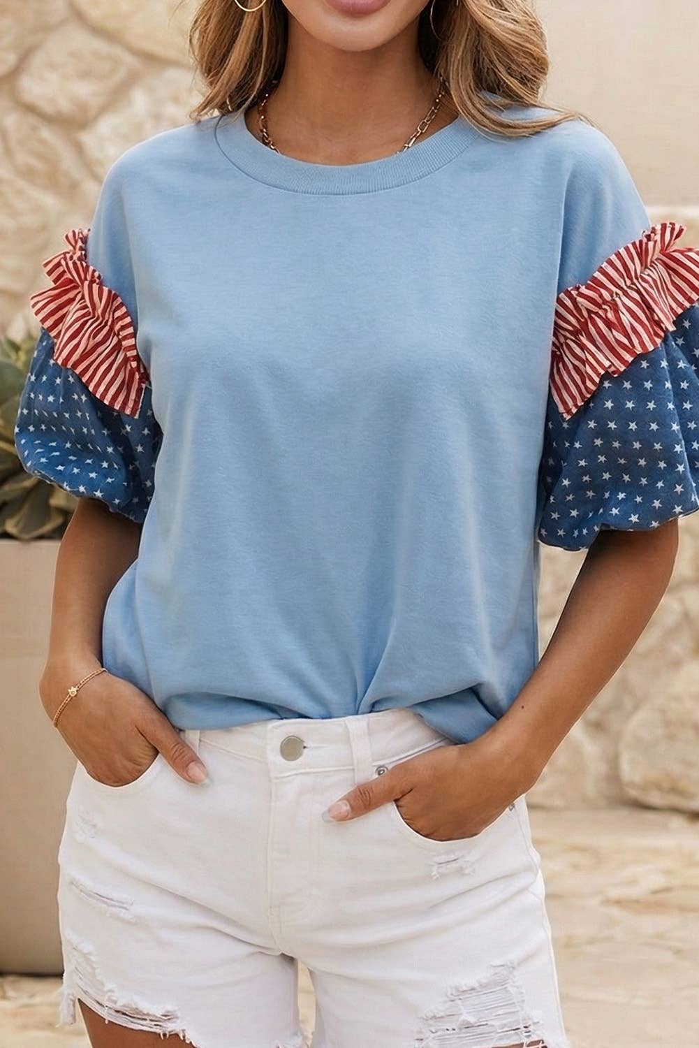 LDC Stars Stripes Round Neck Short Puff Sleeve Top| S-4X