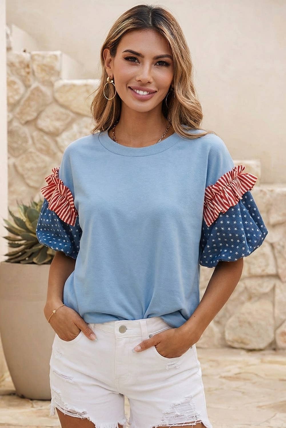 LDC Stars Stripes Round Neck Short Puff Sleeve Top| S-4X