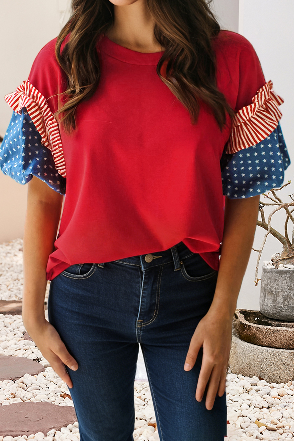 LDC Stars Stripes Round Neck Short Puff Sleeve Top| S-4X