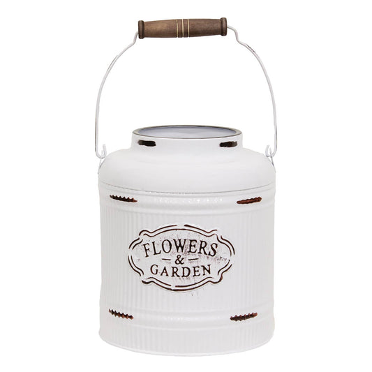 Distressed White Metal Ribbed Flower Garden Bucket w/Handle