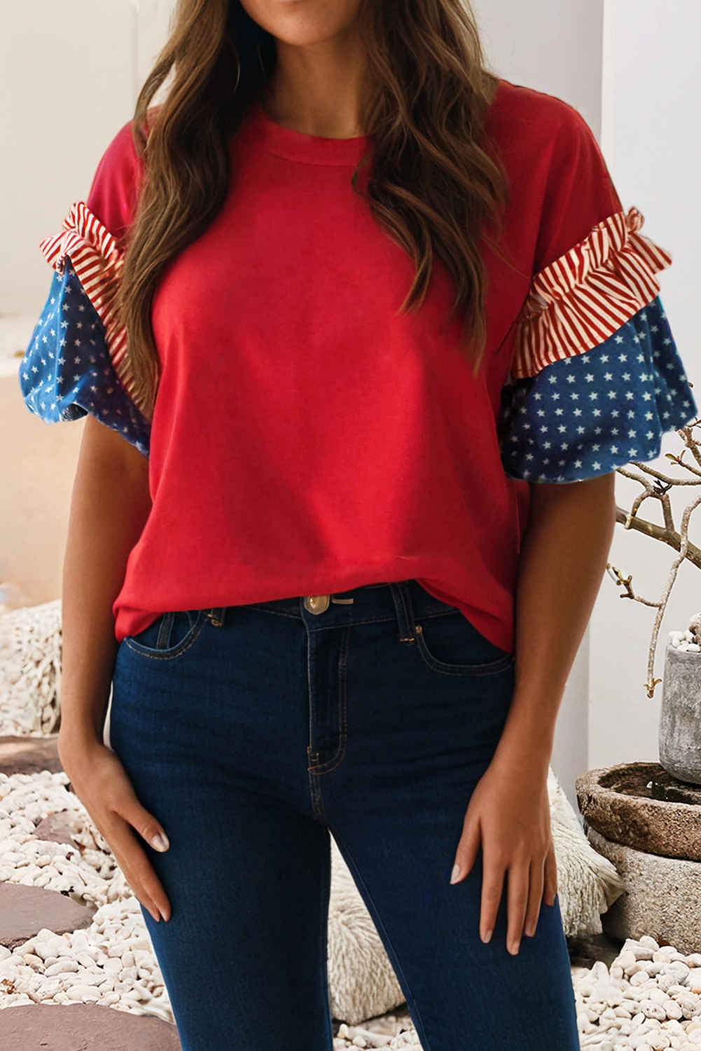 LDC Stars Stripes Round Neck Short Puff Sleeve Top| S-4X