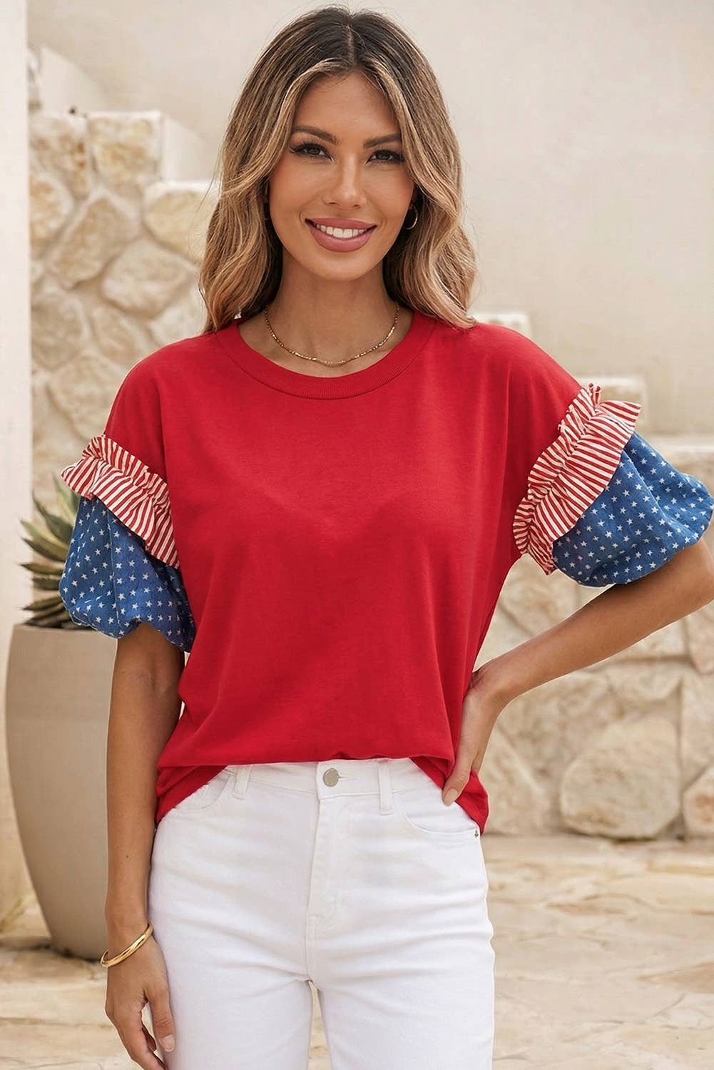 LDC Stars Stripes Round Neck Short Puff Sleeve Top| S-4X