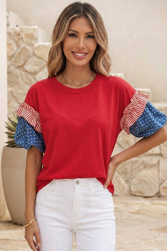 LDC Stars Stripes Round Neck Short Puff Sleeve Top| S-4X