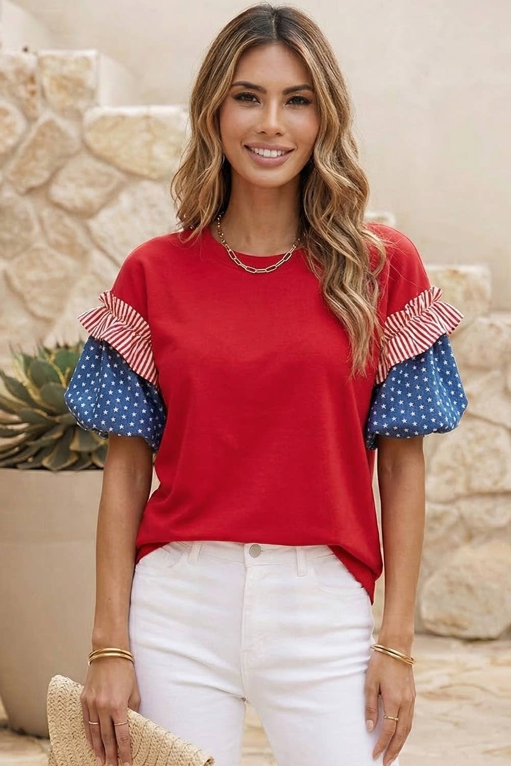 LDC Stars Stripes Round Neck Short Puff Sleeve Top| S-4X