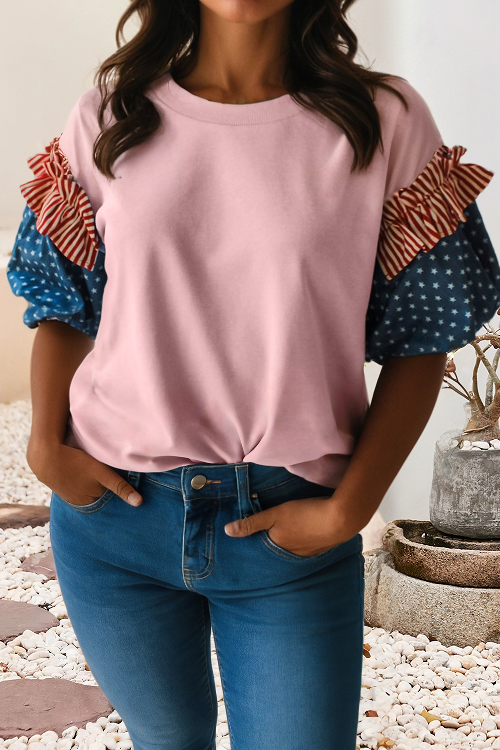LDC Stars Stripes Round Neck Short Puff Sleeve Top| S-4X