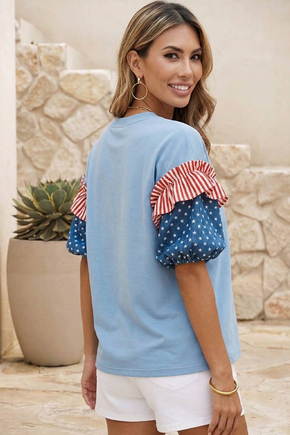 LDC Stars Stripes Round Neck Short Puff Sleeve Top| S-4X